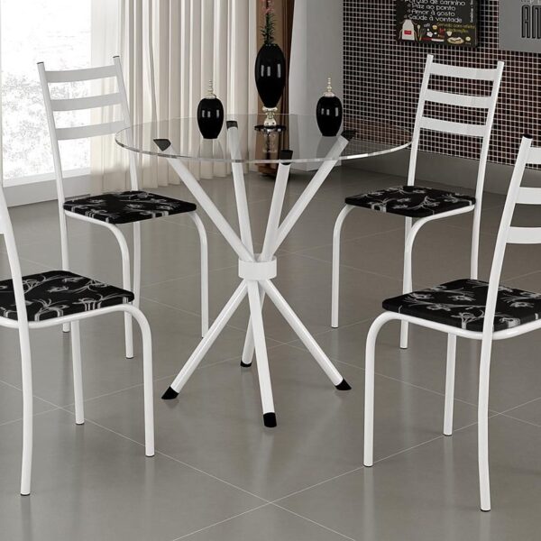 Mesa Maraba 75×75 Branco Tmp Vidro Redondo com 4 Cds Branco.Lirio Preto Teixeira