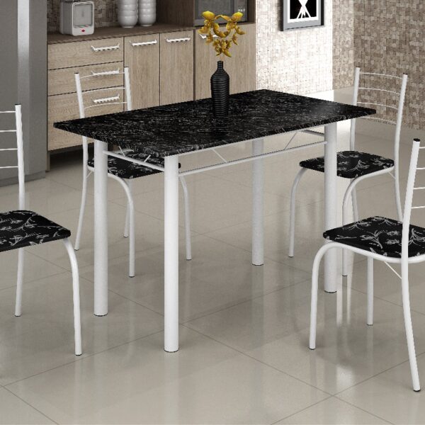 Mesa Rio 100×60 Branco Tmp Pedra Indiana Preto e 4 Cadeiras Rio Branco Lirio Preto Teixeira