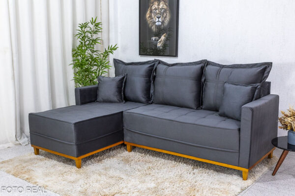 Sofá 3 Lug. Com Chaise Milão Larg. 2.30m Veludo Cinza 814 – Molas Ensacadas