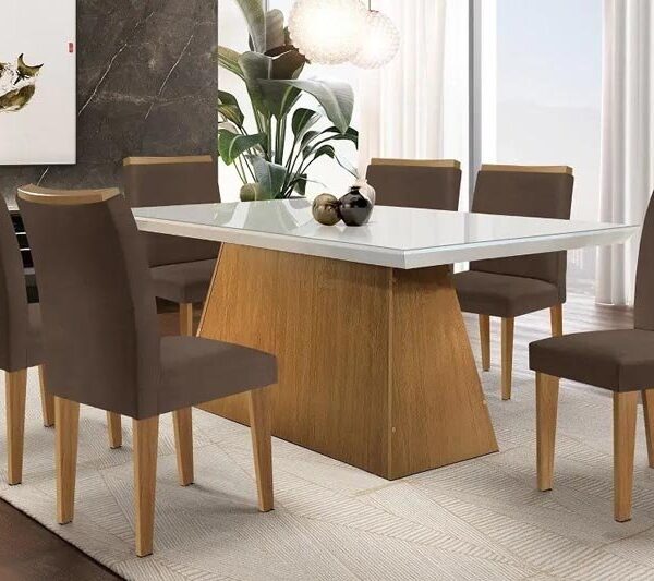 Mesa de Jantar Luna Imbuia Tampo MDF Vidro Off 180×90 6 Cadeiras Lunara Veludo Marrom Rufato